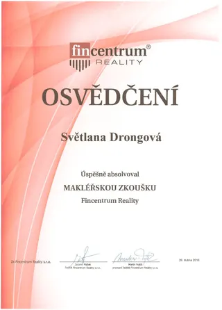 Osvědčení – makléřská zkouška – Fincentrum Reality, 2016