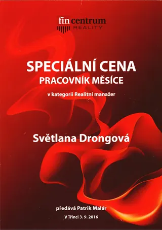Speciální cena Pracovník měsíce v kategorii Realitní manažer – Fincentrum Reality, 2016