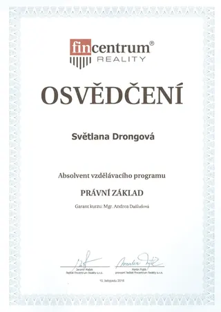 Osvědčení – vzdělávací program Právní základ – Fincentrum Reality, 2016