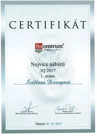 Nejvíce náběrů 3Q 2017 – 1. místo – Fincentrum Reality, 2017