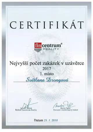 Nejvyšší počet zakázek v uzávěrce 2017 – 1. místo – Fincentrum Reality, 2017