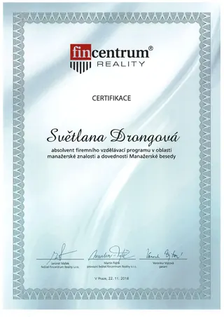 Certifikace – program Manažerské besedy – Fincentrum Reality, 2018