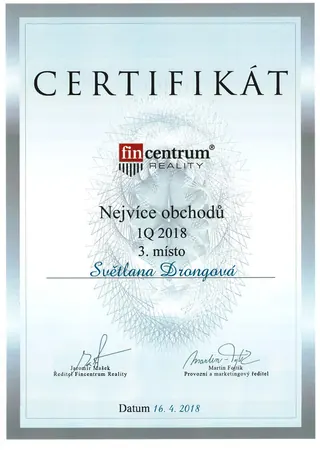 Nejvíce obchodů 1Q 2018 – 3. místo – Fincentrum Reality, 2018
