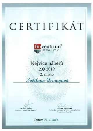 Nejvíce náběrů 2Q 2019 – 2. místo – Fincentrum Reality, 2019