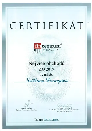 Nejvíce obchodů 2Q 2019 – 1. místo – Fincentrum Reality, 2019