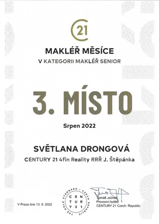 Makléř měsíce v kategorii Makléř senior – 3. místo – CENTURY 21 Czech Republic, 2022