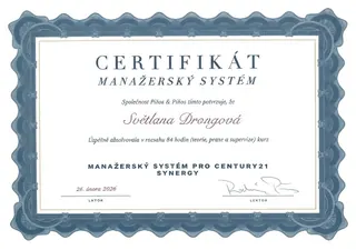 Certifikát Manažerský systém pro CENTURY 21 Synergy (84 hodin) – Píňos & Píňos, 2026